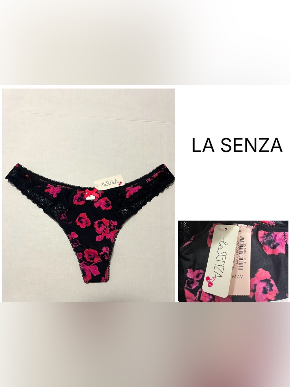 LA SENZA - NWT - M MEDIUM - PINK / BLACK FLORAL THONG PANTY